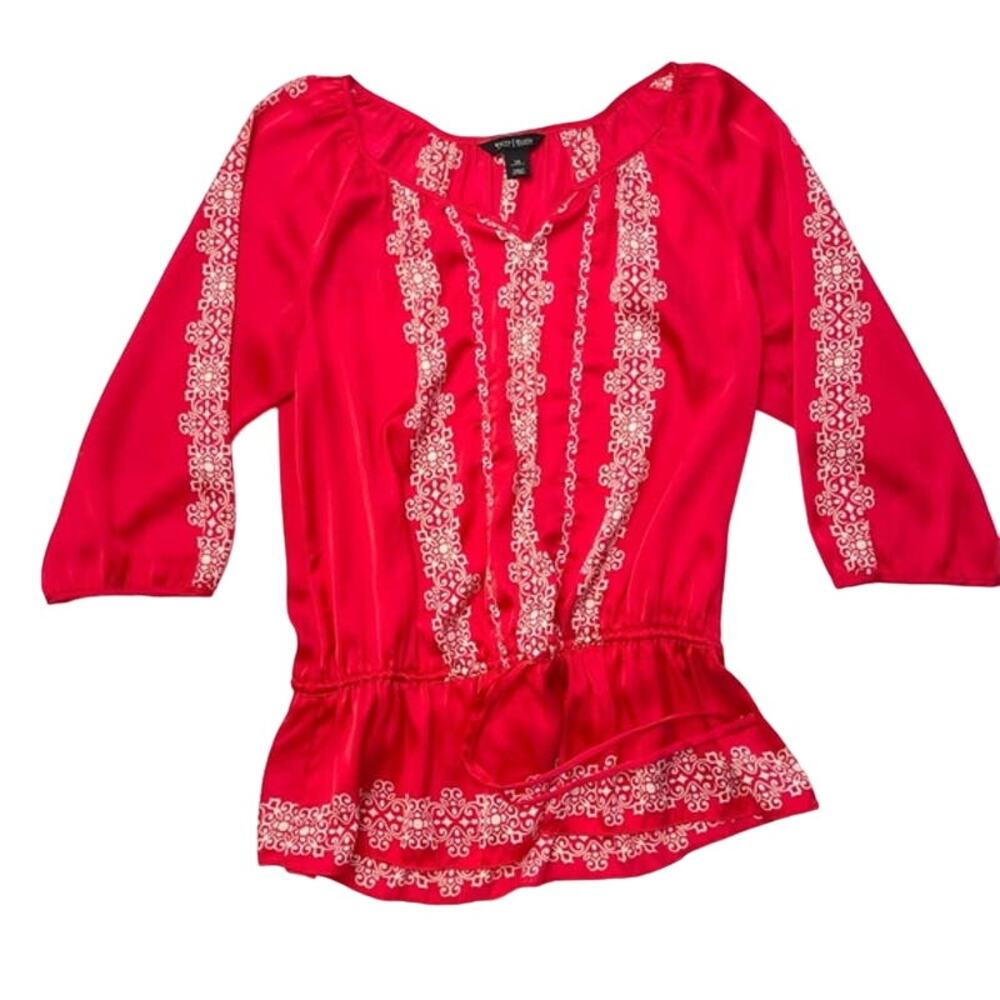 WHBM Red Embroidered Silky Peplum Blouse Size 8 - Picture 5 of 8